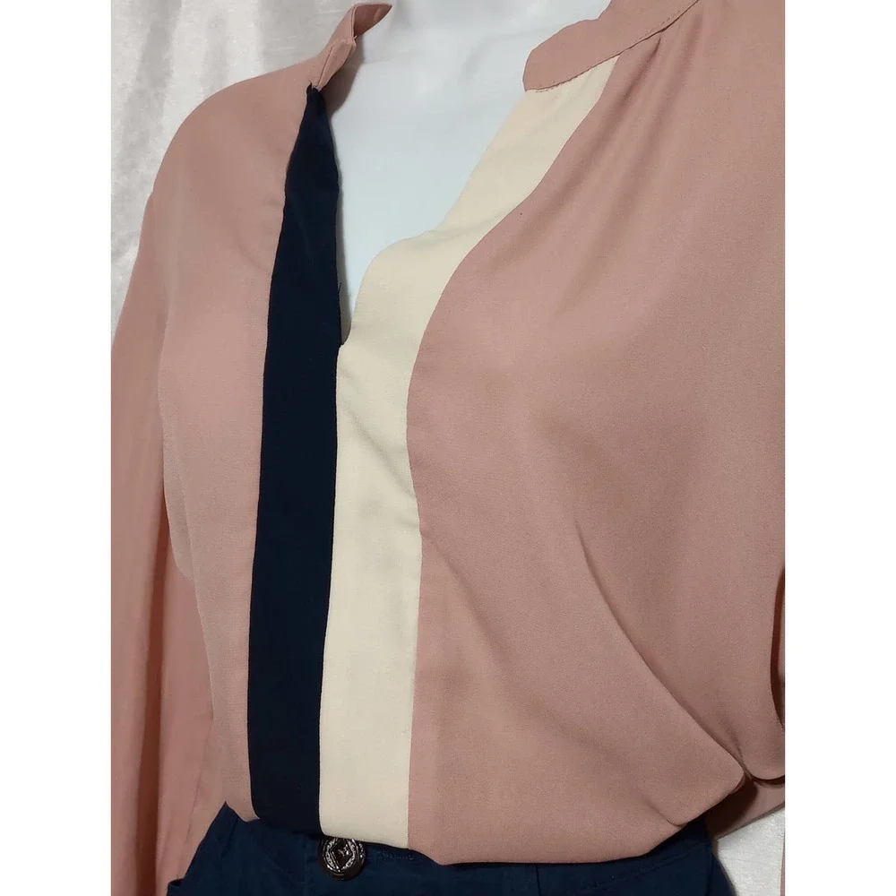 𝅺SWEET Rain Work BLOUSE Antique Rose Pink Navy Cream Top - Picture 4 of 8
